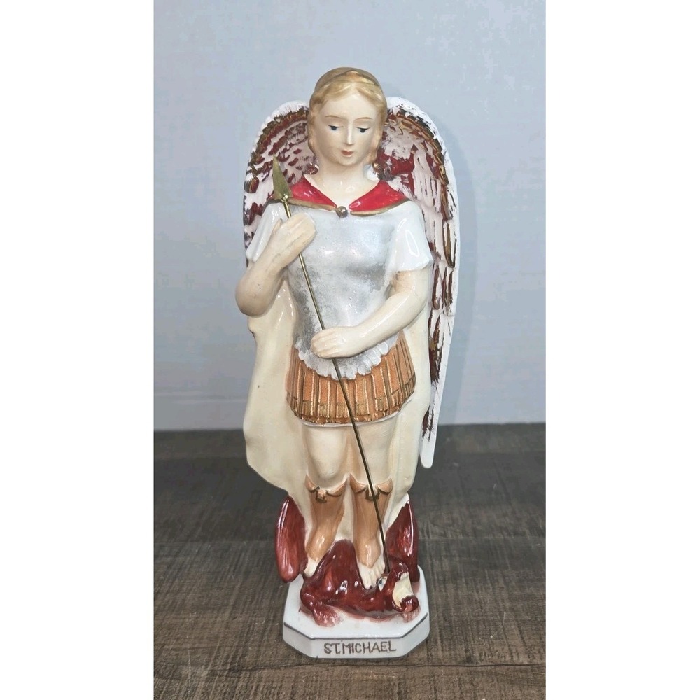 Sanmyro Archangel Michael Statue Defeating Dragon Ceramic Figure Japan MCM 1960s